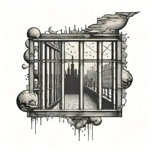 A surreal scene of a prison cell with Sydney cityscape visible through the bars tattoo design idea