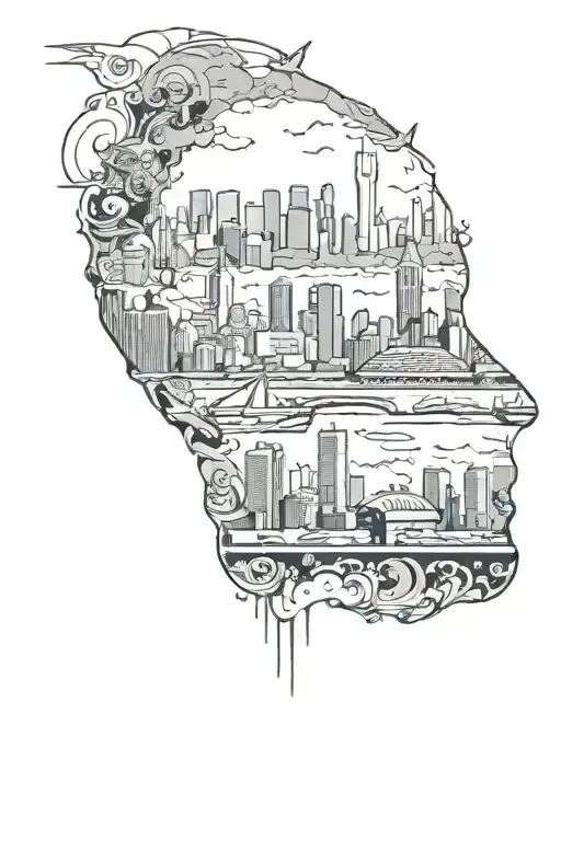 Sydney city skyline in the background with underworld theme, prisons, skimask, drugs , money  tattoo design idea