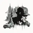 Sydney city skylin with underworld  theme aswell as prison & ski mask + money bags tattoo design idea