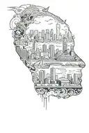 Sydney city skyline in the background with underworld theme, prisons, skimask, drugs , money  tattoo design idea