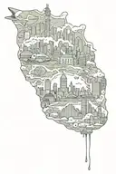 Sydney city skyline in the background with underworld theme, prisons, skimask, drugs , money  tattoo design idea