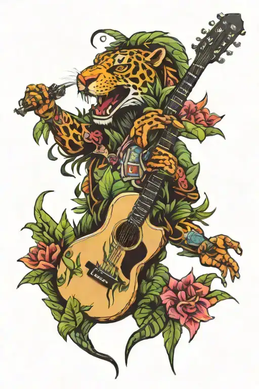 jungle themed sleeve with a goober in it with a guitar tattoo design idea