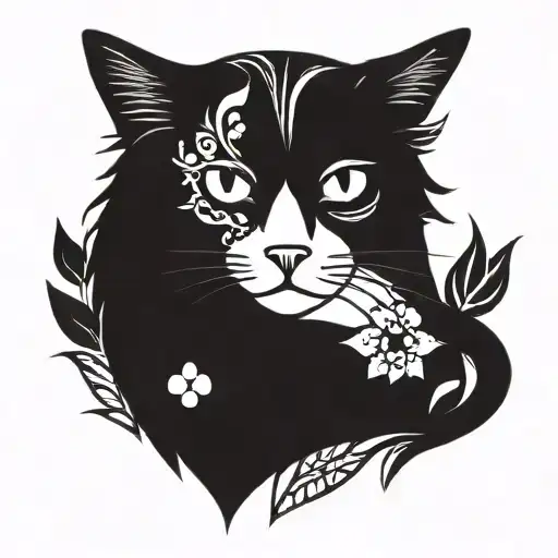 calico cat and flowers tattoo design idea