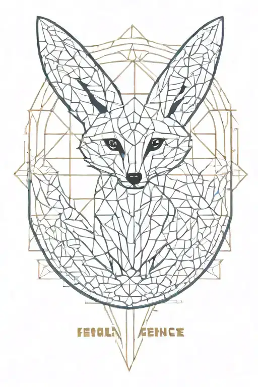 A geometric design incorporating a fennec bird and geometrical details next to the word resilience. tattoo design idea