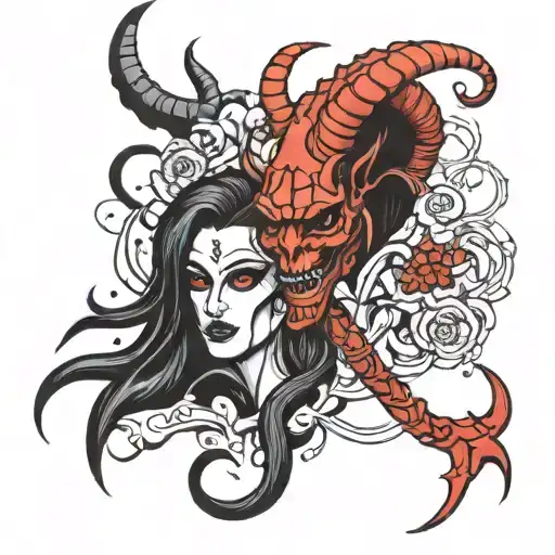 male Capricorn devil and female Scorpio death  tattoo design idea
