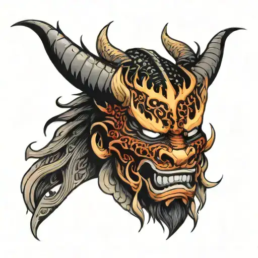 A samurai mask in the foreground, a scary dragon with flames in the background tattoo design idea