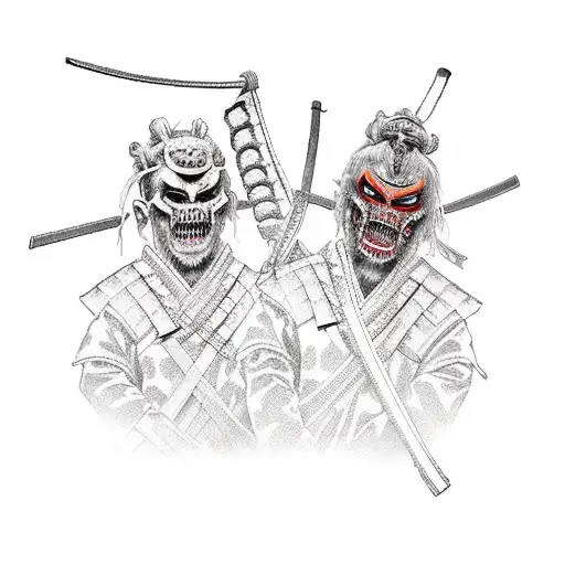 undead samurai and living samurai fighting tattoo design idea