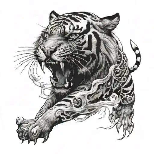a half-arm tattoo of a tiger,  jellyfish mythology a 5-letter word in old school style in black and white tattoo design idea