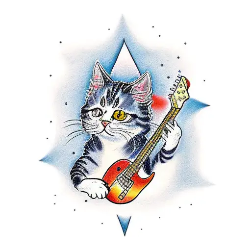 A traditional style tattoo of a rock and roll inspired cat playing a guitar tattoo design idea