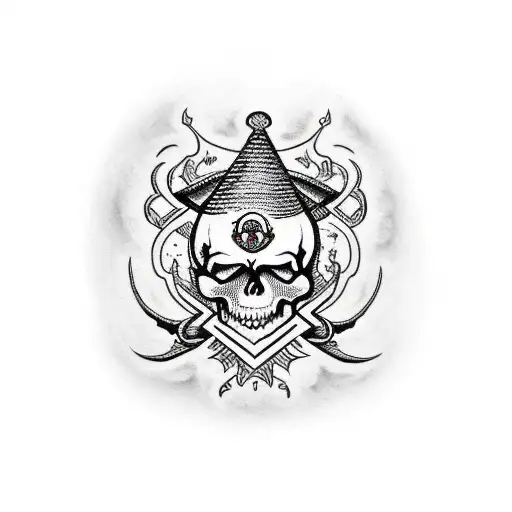 A traditional style tattoo of a skull surrounded by spiders and witchcraft symbols tattoo design idea