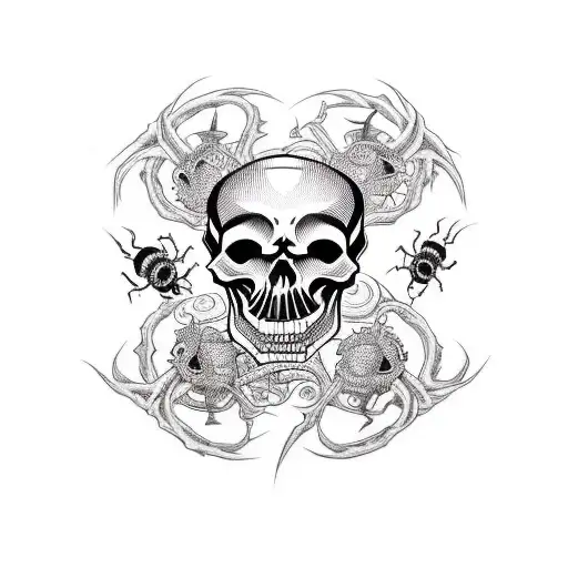 A traditional style tattoo of a skull surrounded by spiders and witchcraft symbols tattoo design idea