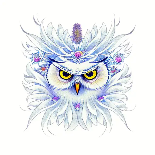 snowy owl surrounded by a bouquet of birds of paradise, spider lilies, blue irises, and plum blossoms tattoo design idea