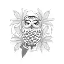 snowy owl surrounded by a bouquet of birds of paradise, spider lilies, blue irises, and plum blossoms tattoo design idea