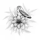 snowy owl surrounded by a bouquet of birds of paradise, spider lilies, blue irises, and plum blossoms tattoo design idea