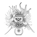 snowy owl surrounded by a bouquet of birds of paradise, spider lilies, blue irises, and plum blossoms tattoo design idea