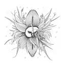 snowy owl surrounded by a bouquet of birds of paradise, spider lilies, blue irises, and plum blossoms tattoo design idea