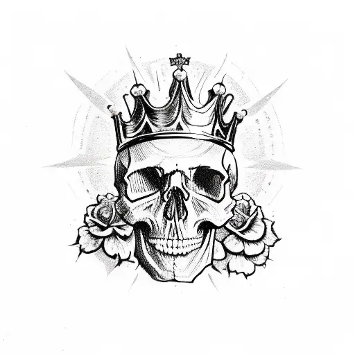 Skull with a crown of vibrant American traditional flowers tattoo design idea