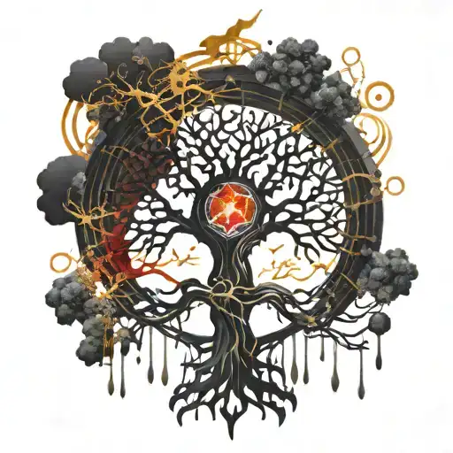 Black Melting Yggdrasil tree, dripping blood. Gold and silver. Gemstones and crystals tattoo design idea