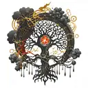 Black Melting Yggdrasil tree, dripping blood. Gold and silver. Gemstones and crystals tattoo design idea
