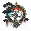 Black Melting Yggdrasil tree, dripping blood. Gold and silver. Gemstones and crystals tattoo design idea