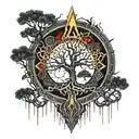 Black Melting Yggdrasil tree, dripping blood. Gold and silver. Gemstones and crystals tattoo design idea