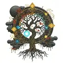 Black Melting Yggdrasil tree, dripping blood. Gold and silver. Gemstones and crystals tattoo design idea