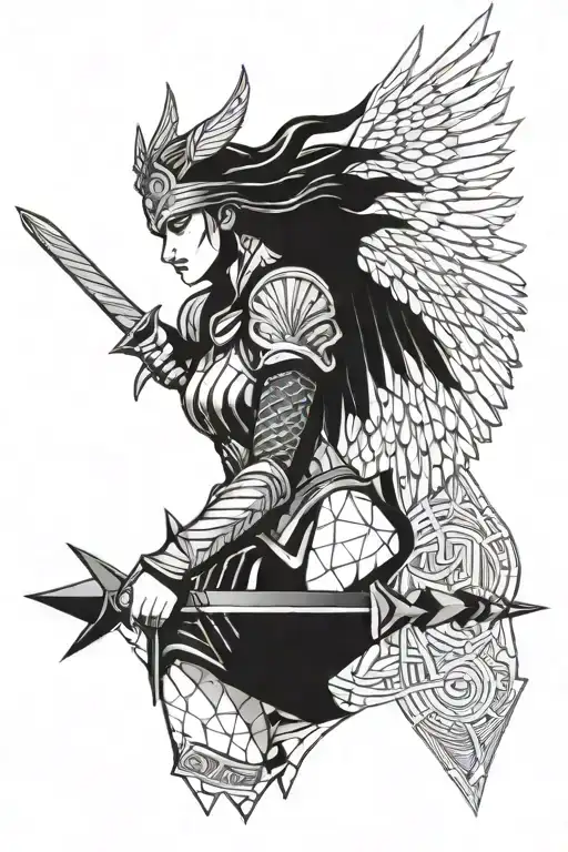 Valkyrie with a sword and wings  tattoo design idea