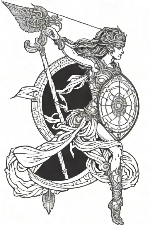 Athena goddess holding spear and a shield  tattoo design idea