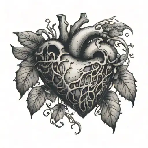 An intricate design of a broken heart with vines growing around it symbolizing lost love and emotion off tattoo design idea