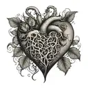 An intricate design of a broken heart with vines growing around it symbolizing lost love and emotion off tattoo design idea