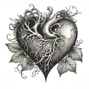 An intricate design of a broken heart with vines growing around it symbolizing lost love and emotion off tattoo design idea