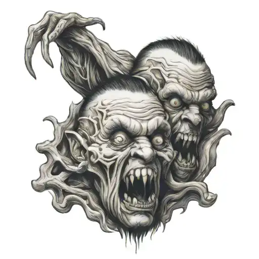 siamese twin head gore monster tearing the skin tattoo design idea