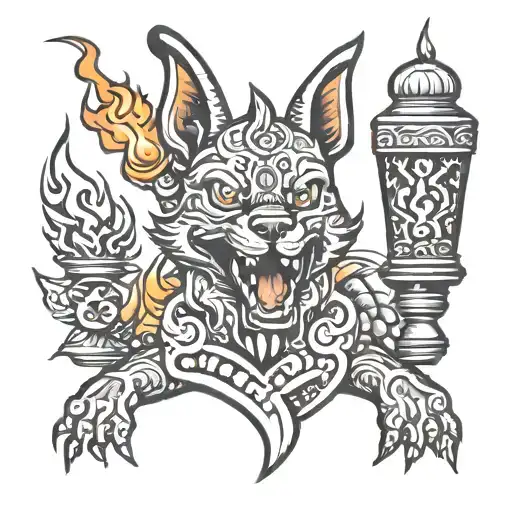 Tiki Torch with a pointy eared dog as the flame fire tattoo design idea