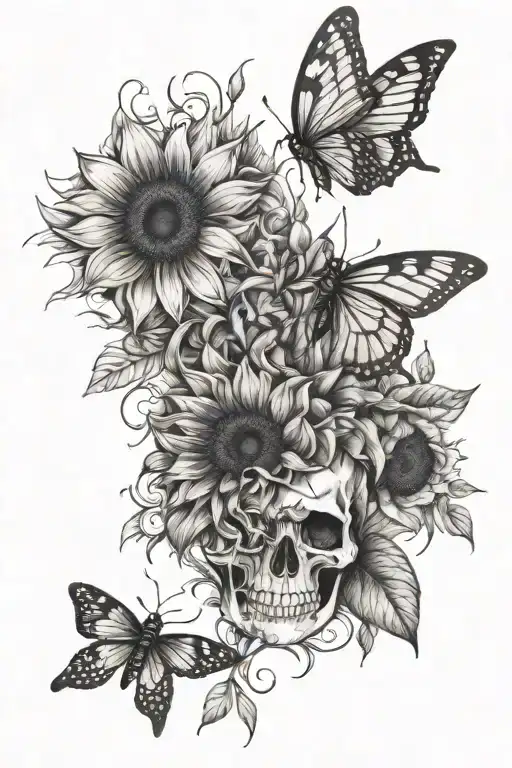 skeleton, sunflower, butterflies, bees tattoo design idea