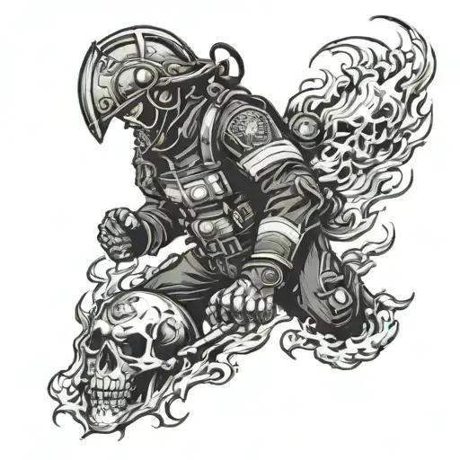 A demonic firefighter battling flames with a skull helmet tattoo design idea
