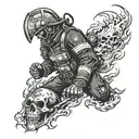 A demonic firefighter battling flames with a skull helmet tattoo design idea