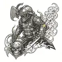 A demonic firefighter battling flames with a skull helmet tattoo design idea