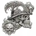 A demonic firefighter battling flames with a skull helmet tattoo design idea