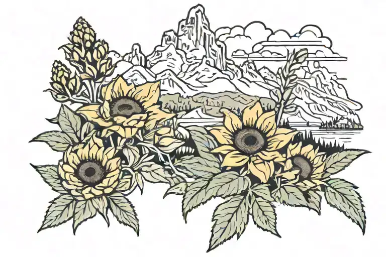 tetons with sunflowers, lupine, and indian paintbrush tattoo design idea