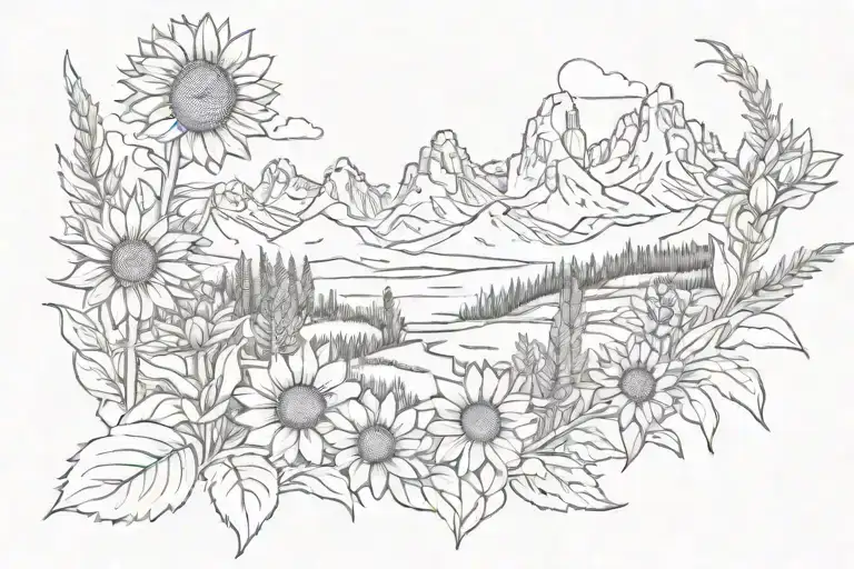 tetons with sunflowers, sage, and indian paintbrush tattoo design idea
