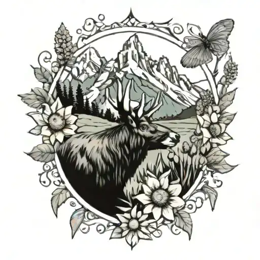 tetons with sunflowers, lupine, and indian paintbrush tattoo design idea