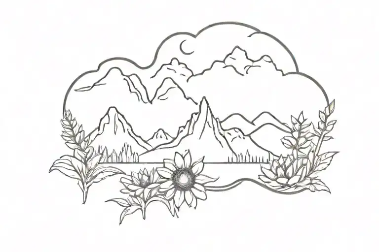 tetons with sunflowers across bottom part tattoo design idea