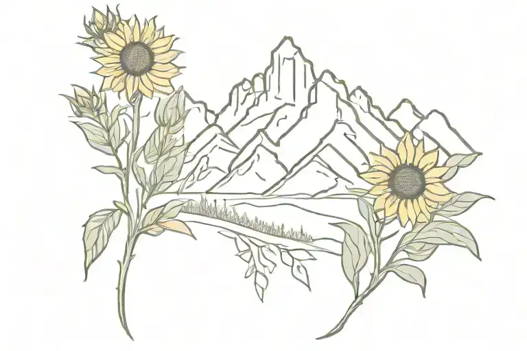 tetons with sunflowers, sage, and indian paintbrush tattoo design idea