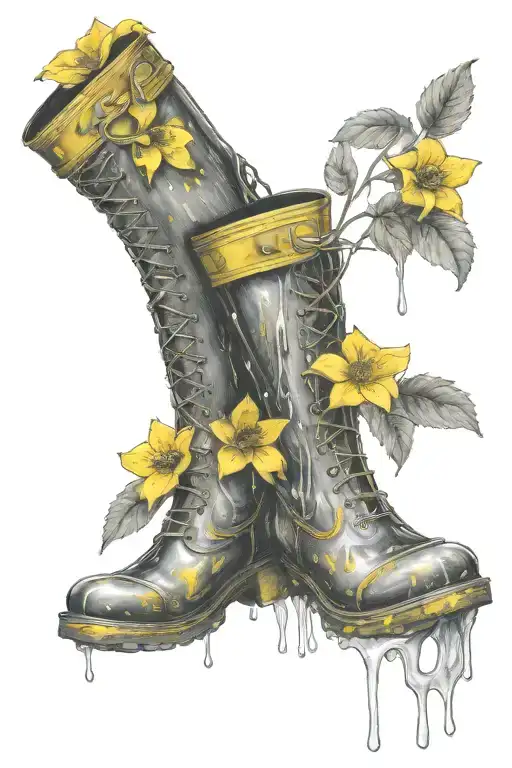 yellow  rain boots with yellow flowers growing out of them   tattoo design idea