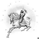 alexander the great in battle on a horse with the sun in the background tattoo design idea