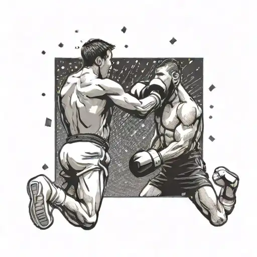 Create a tattoo design of a kickboxing match with money raining down in the background tattoo design idea