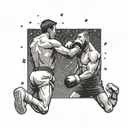 Create a tattoo design of a kickboxing match with money raining down in the background tattoo design idea