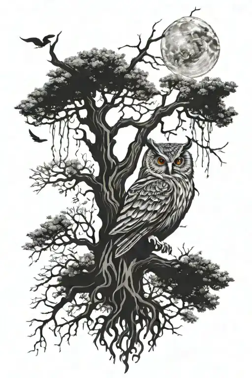 Tree, moon, dollar, owl, smoke  tattoo design idea