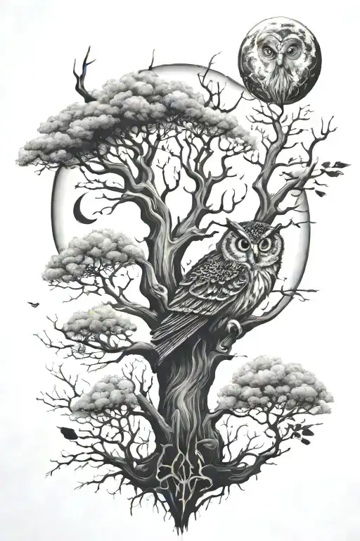 Tree, moon, dollar, owl, smoke tattoo design idea