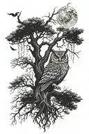 Tree, moon, dollar, owl, smoke  tattoo design idea